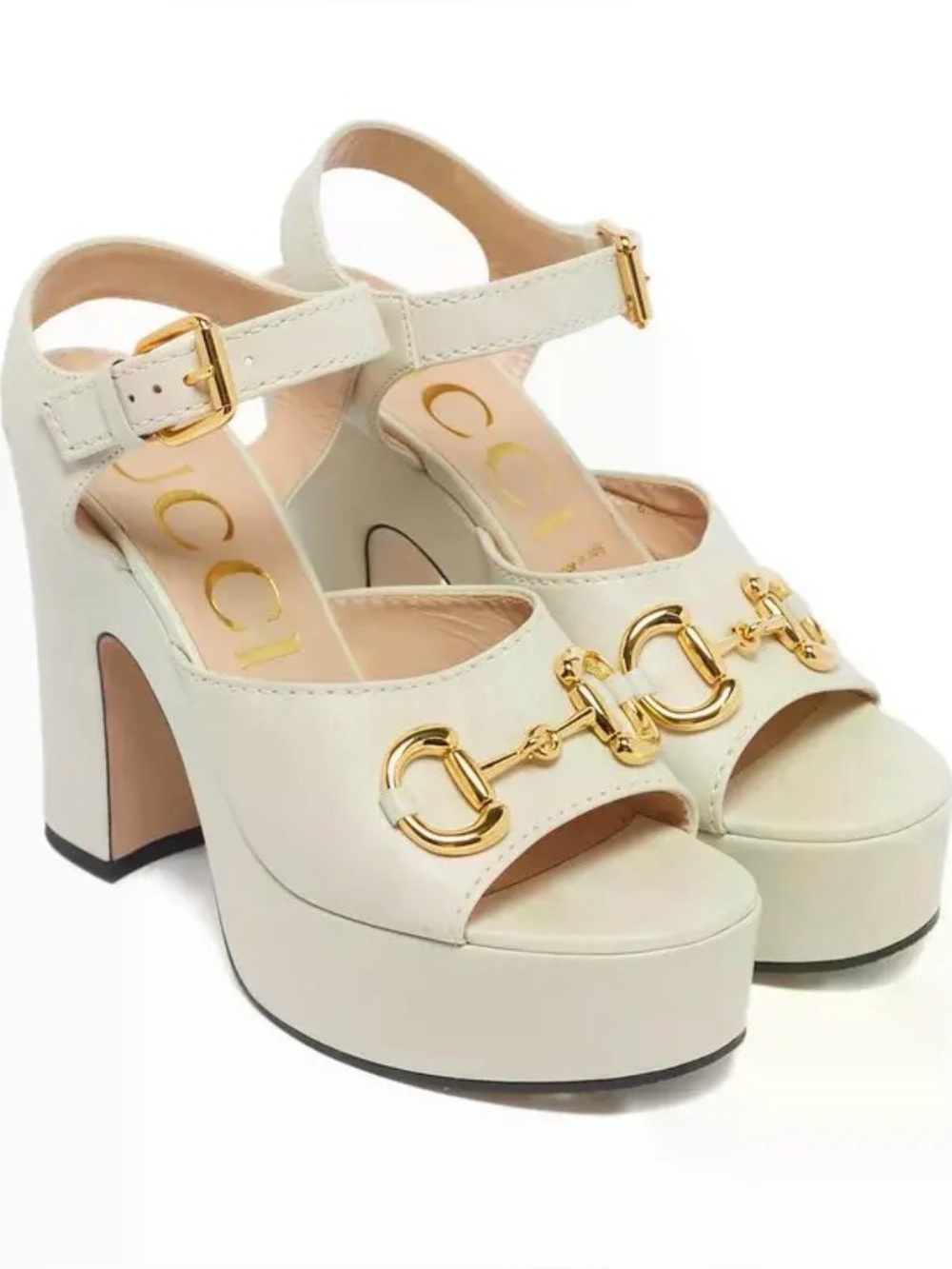 NEW Gucci White Mystic Leather Platform Sandals with Gold Horsebit Detail EU 41